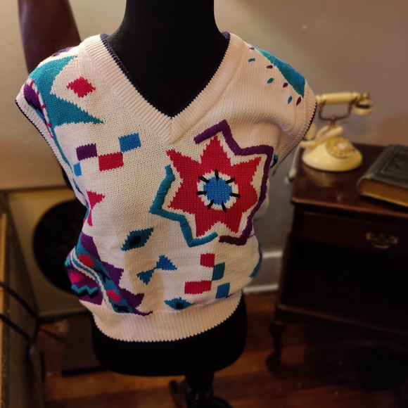 Lily Women's V-Neck Sweater - White with Multicolor Pattern - Picture 1 of 4